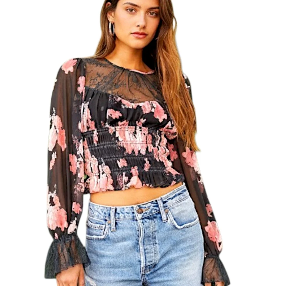 Free People Daphne Lace Floral Crop Blouse Black Pink Smocked Top XS